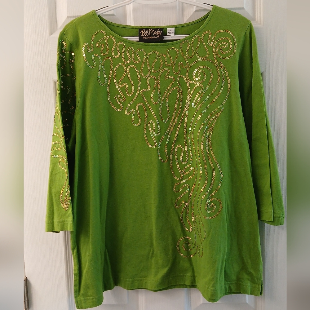 Bob Macke Wearable Art Top – Lime Green with Gold Sequin Swirl – Size Large
